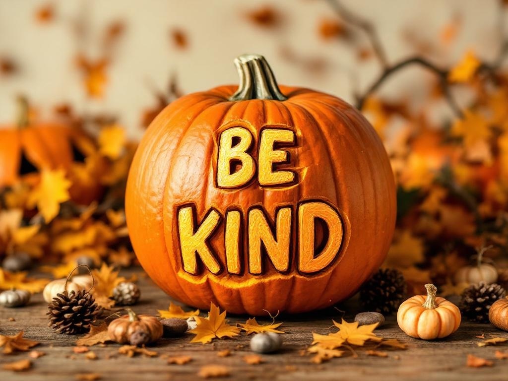 A carved pumpkin with the words 'BE KIND' displayed prominently, surrounded by autumn leaves and small gourds.