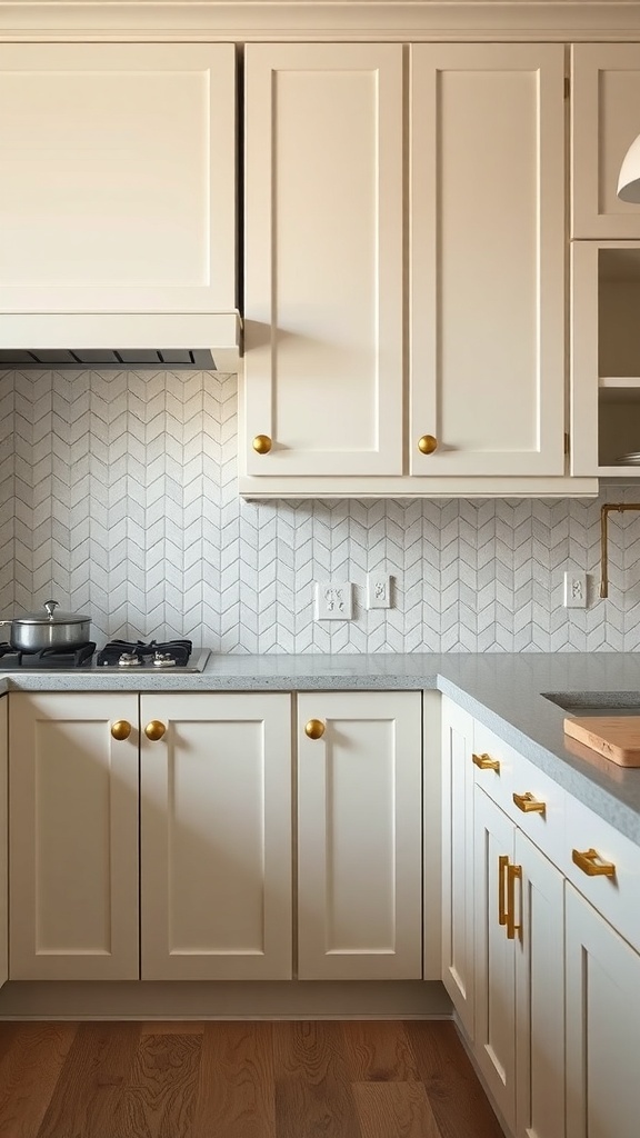 A kitchen featuring soft pastel cabinetry, a herringbone tile backsplash, and brass hardware.