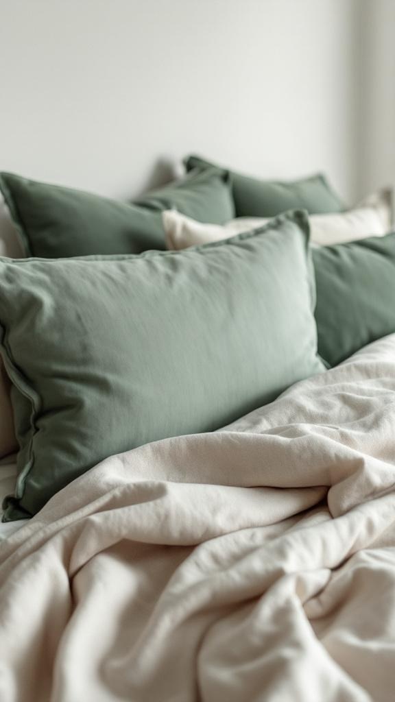Close-up of green throw pillows on a bed with neutral bedding