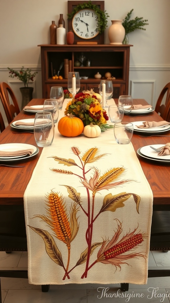 A harvest-themed table runner with corn motifs on a Thanksgiving table, featuring pumpkins and a floral centerpiece.