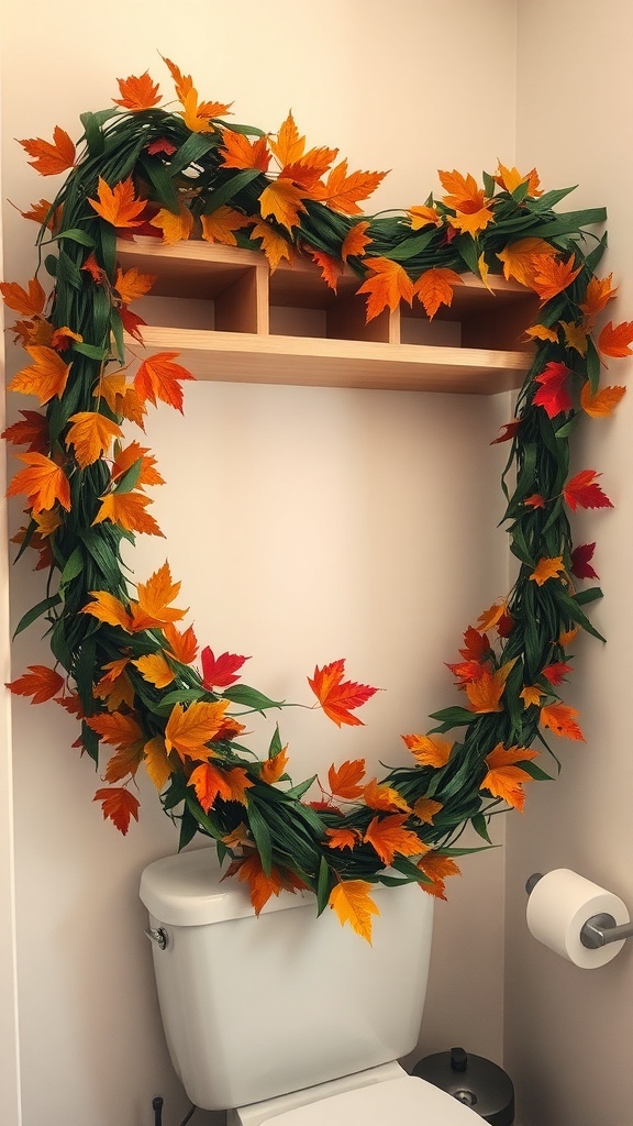 A harvest garland made of colorful leaves draped on bathroom shelves.