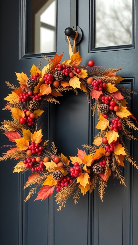 A colorful harvest wreath with fall leaves, berries, and pinecones hanging on a dark front door.