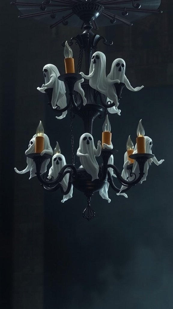 A chandelier decorated with small ghost figures, creating a spooky atmosphere.