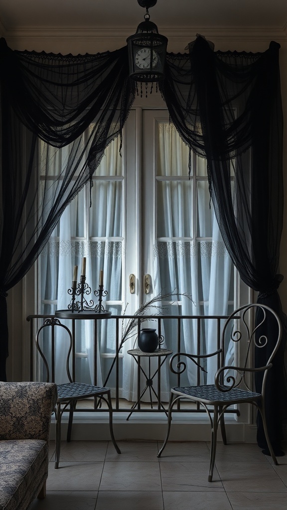 A balcony with black lace curtains draped over the railing, a vintage lantern hanging above, and a small table with candles.