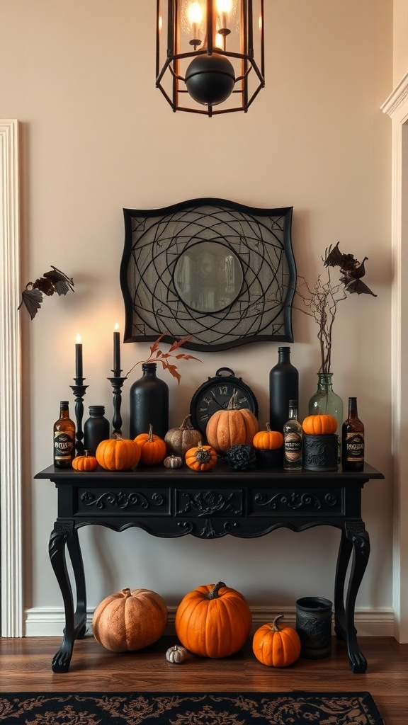 A haunted entryway display featuring black XL candles, pumpkins, and potion bottles on a console table.