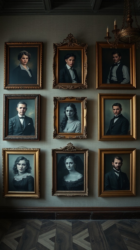 A gallery wall featuring vintage portraits in ornate frames, creating a spooky yet stylish atmosphere.