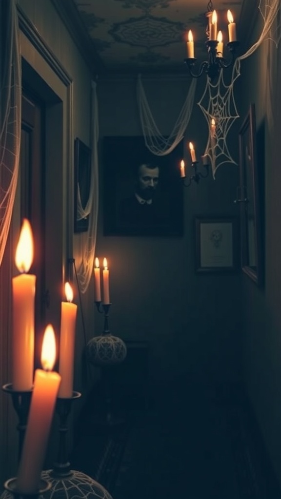 A dimly lit hallway decorated with flickering candles, fake spider webs, and a spooky portrait.