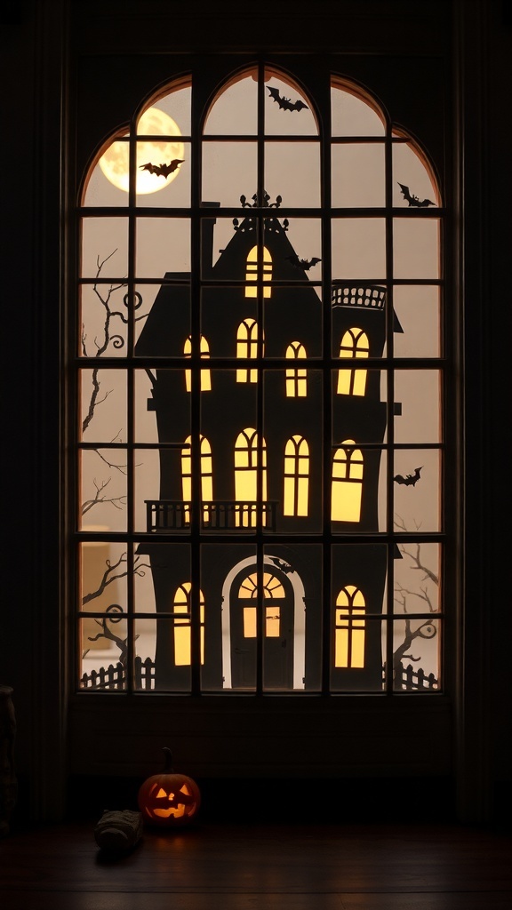 A spooky silhouette of a haunted house with glowing windows, bats, and a pumpkin in front.