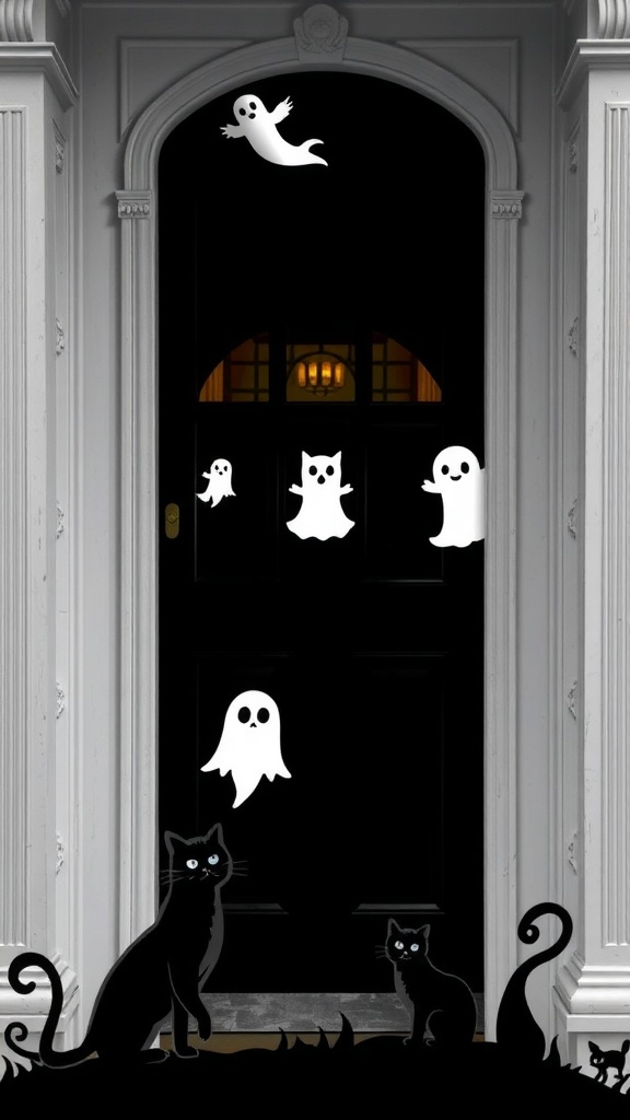 A black door decorated with white ghost cutouts and two black cats at the bottom.