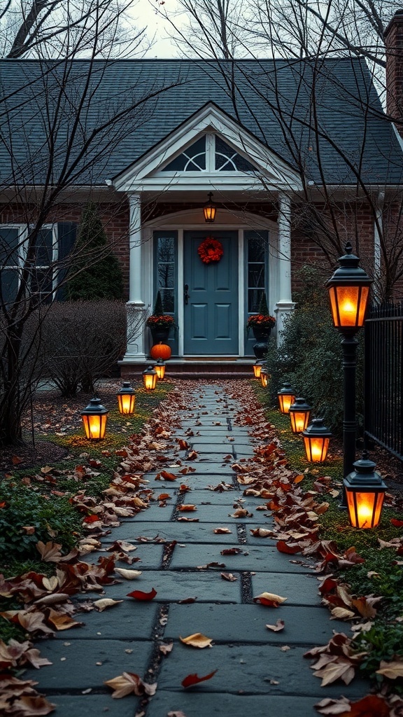 A stone pathway lined with glowing lanterns and fallen leaves, leading to a cozy house with a blue door.