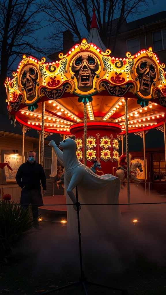 A spooky carousel with skull decorations and a ghost figure, surrounded by fog, creating a haunted lawn attraction.