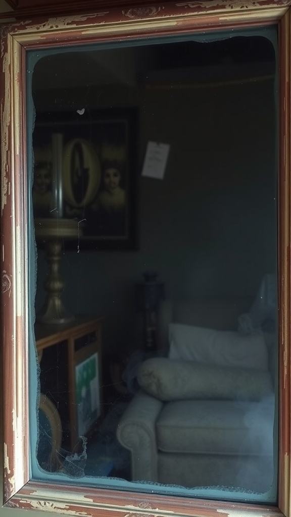 A vintage mirror with a distressed frame, reflecting a cozy living room setting.