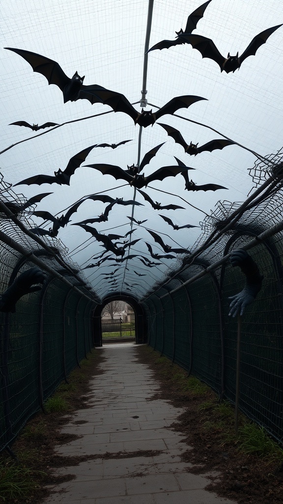 A haunted tunnel decorated with bats and animatronic arms.