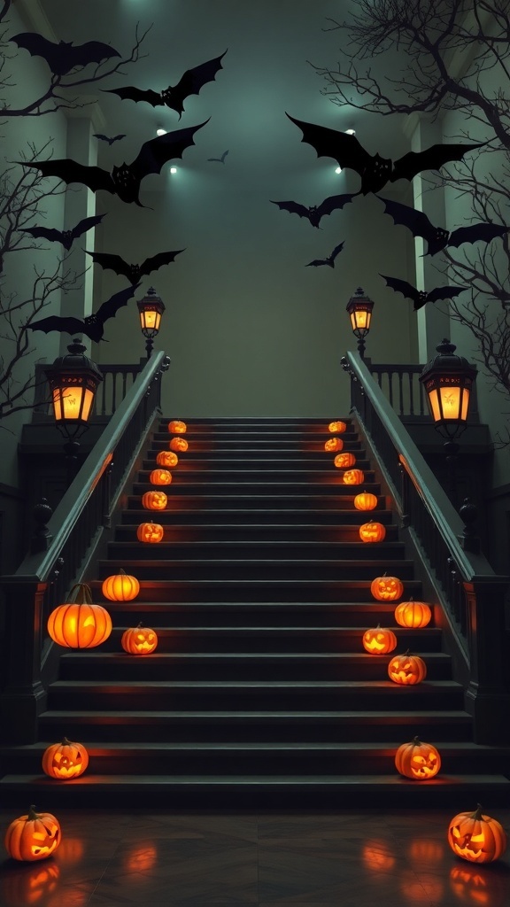 A staircase decorated for Halloween with glowing pumpkins and floating bats.