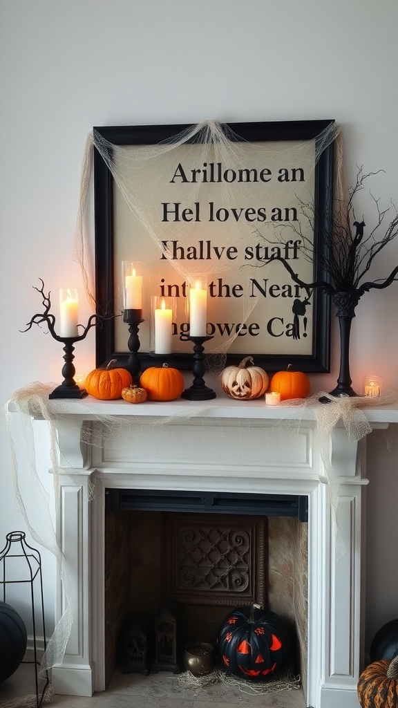 A beautifully decorated Halloween mantel featuring flickering candles, pumpkins, and cobwebs.