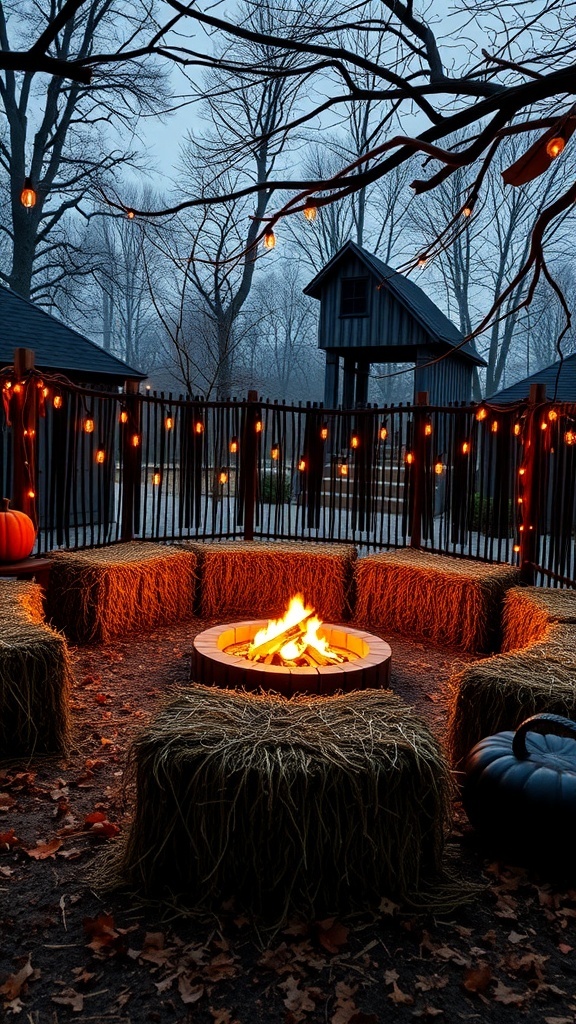 A cozy hay bale seating circle around a fire pit, decorated for Halloween with pumpkins and string lights.