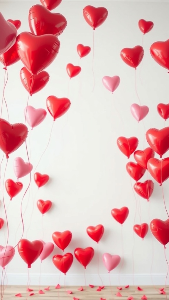 A collection of red and pink heart-shaped balloons floating against a wall.