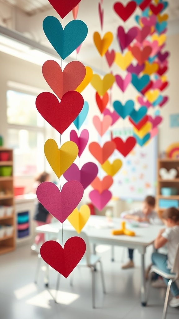 Colorful heart-shaped paper chain garland hanging in a classroom with children crafting in the background.