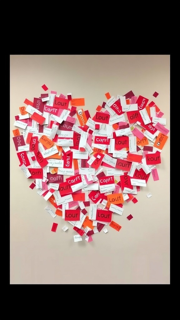 A colorful heart mosaic collage made from various pieces of paper in shades of red, pink, and white.