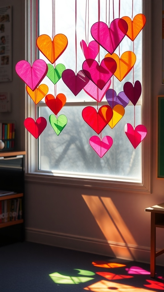 Colorful heart sun catchers hanging in a window, casting shadows on the floor.
