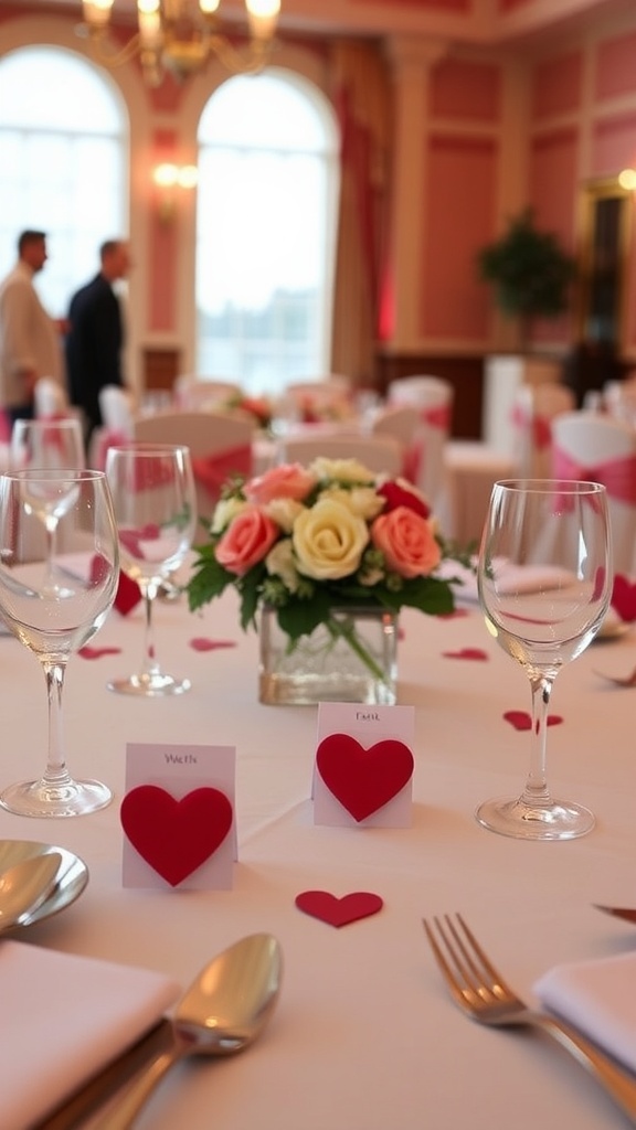A romantic table setting for Valentine's Day with heart-shaped place cards and floral arrangements.