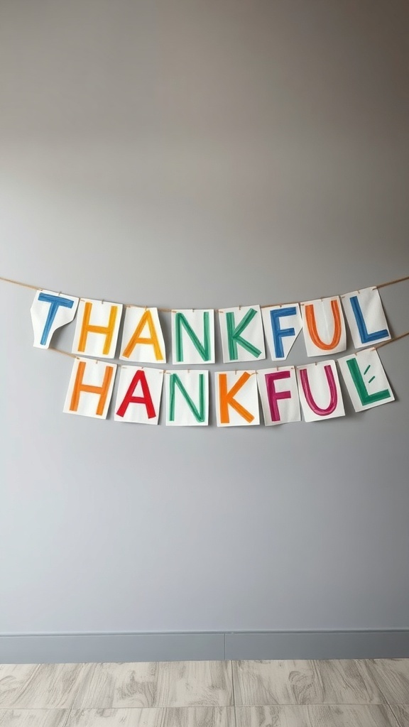 A colorful Thankful Banner with letters spelling 'THANKFUL' and 'HANKFUL' hanging on a wall.