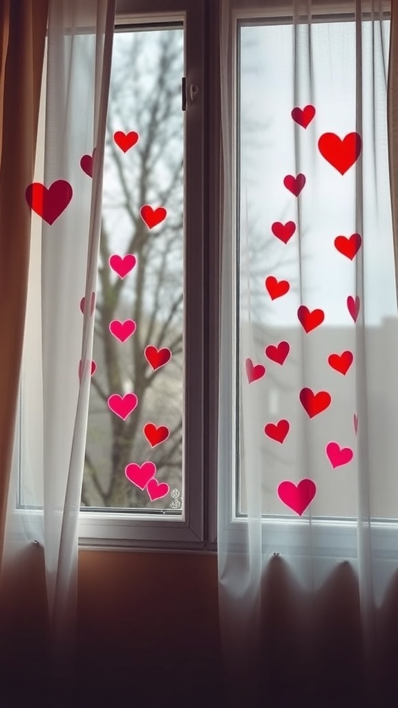 A window with sheer curtains decorated with heart-shaped stickers in red and pink.
