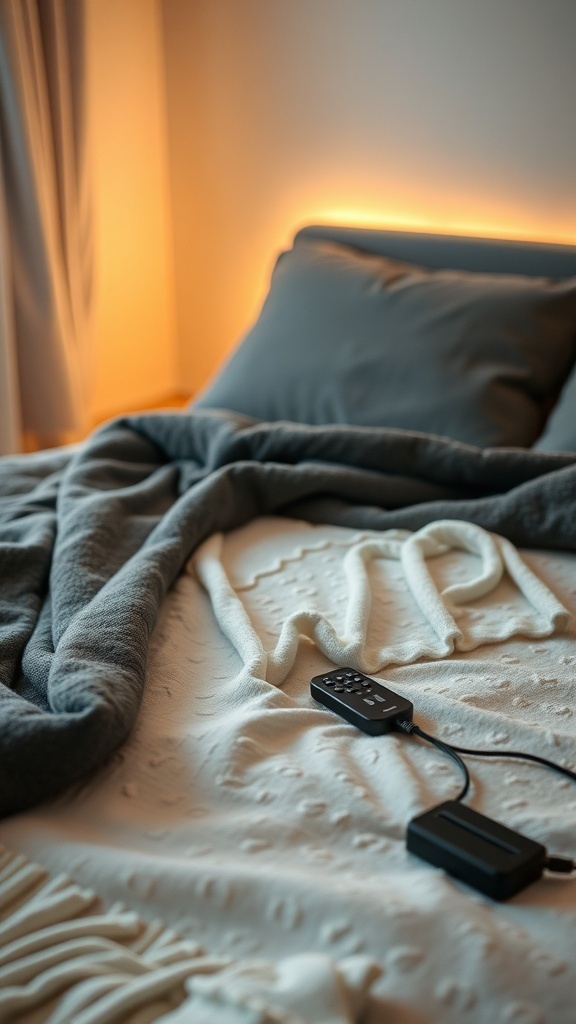 A cozy bed with a heated blanket and remote control for adjustable warmth.