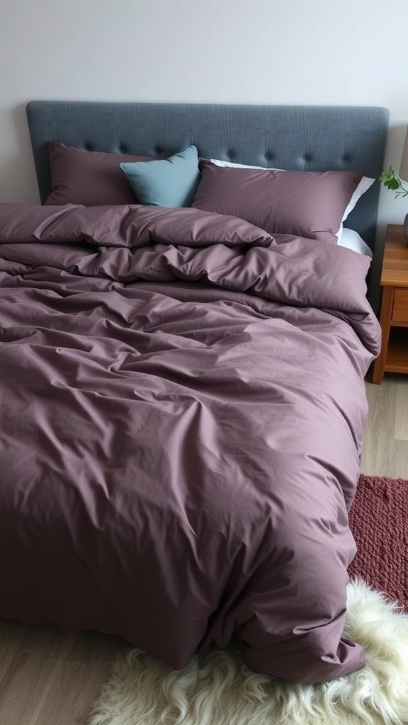 A cozy bed with a heavyweight duvet cover in a rich earthy tone, complemented by accent pillows.
