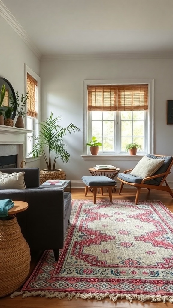 A cozy living room featuring a patterned heirloom-style rug, plants, and comfortable seating.