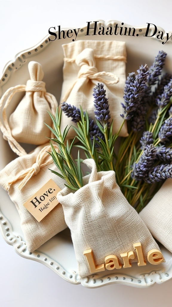 A collection of herbal sachets made from fabric, filled with lavender and rosemary, displayed on a decorative plate.