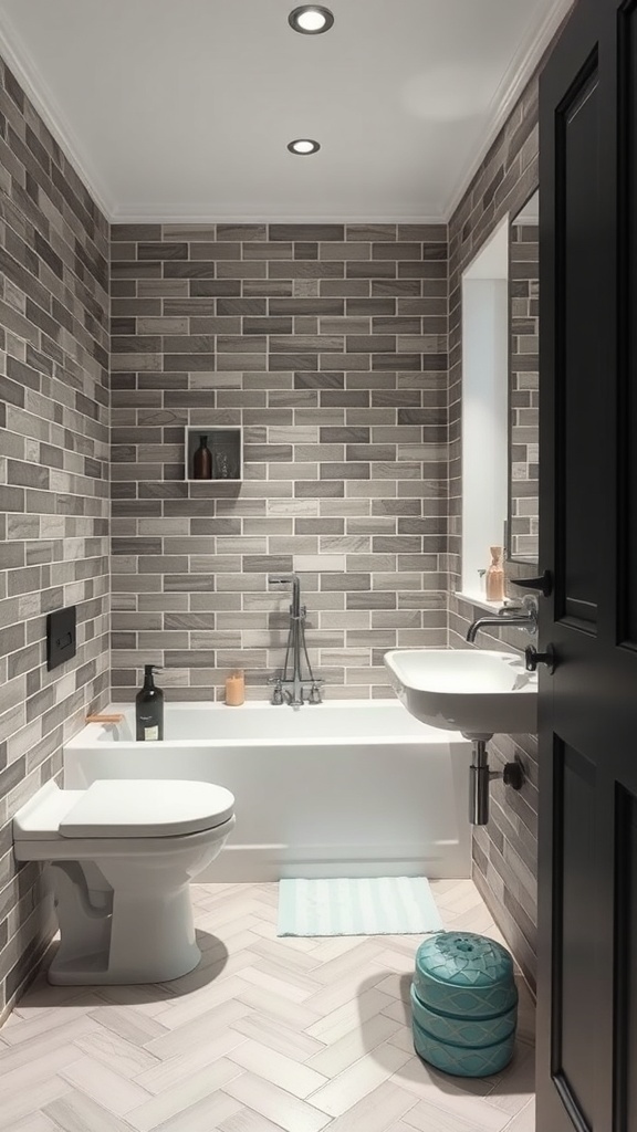 Small bathroom featuring herringbone tile layout on the floor, with gray walls and a bathtub.