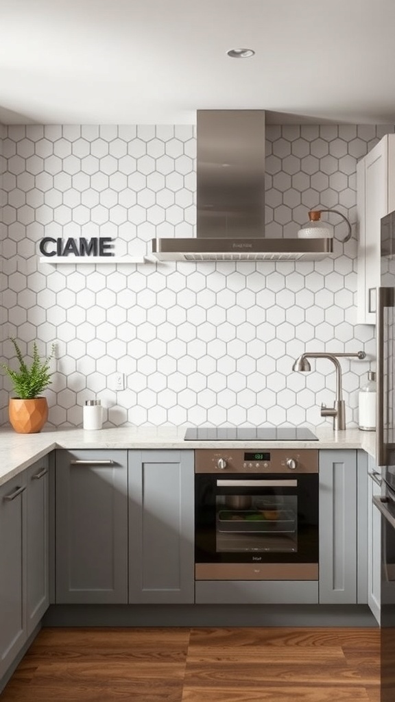 A modern kitchen featuring white hexagonal tiles as a backsplash, gray cabinetry, and a sleek stove.