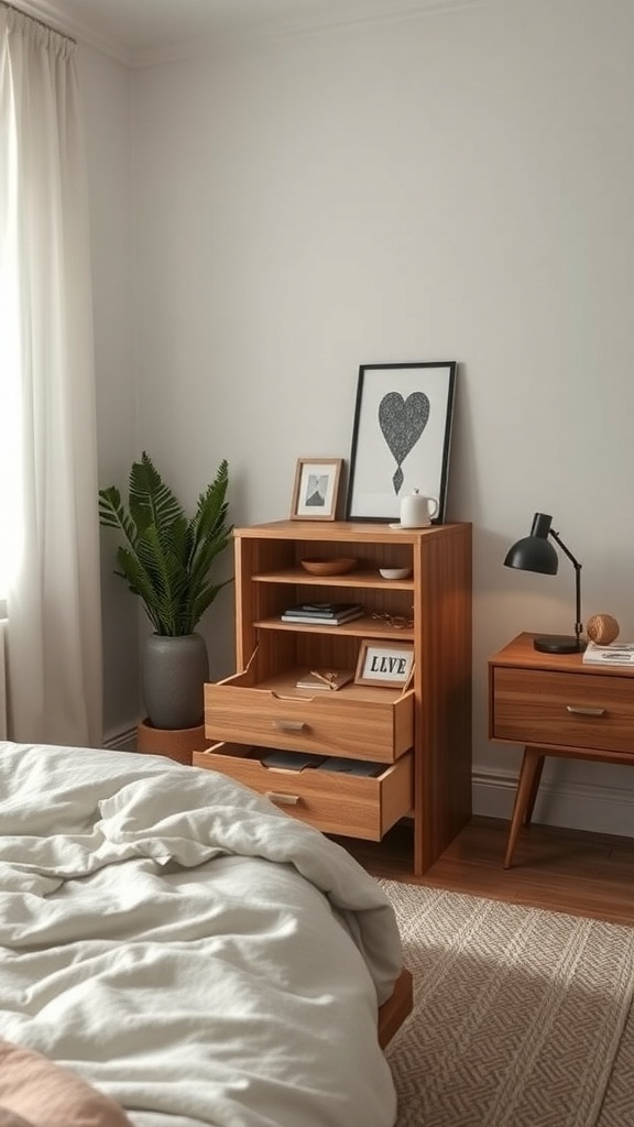 A cozy bedroom featuring built-in storage, a mini wardrobe, and stylish shelving.