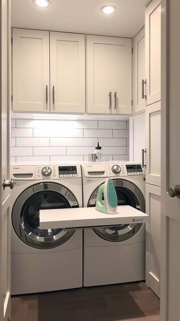 A modern laundry room featuring a hidden ironing station above the washer and dryer, with sleek cabinetry and soft lighting.