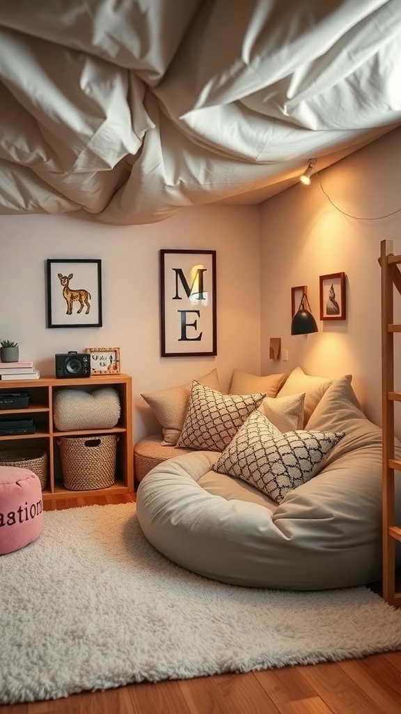 Cozy under-bed lounge area with a beanbag chair, pillows, and soft lighting.