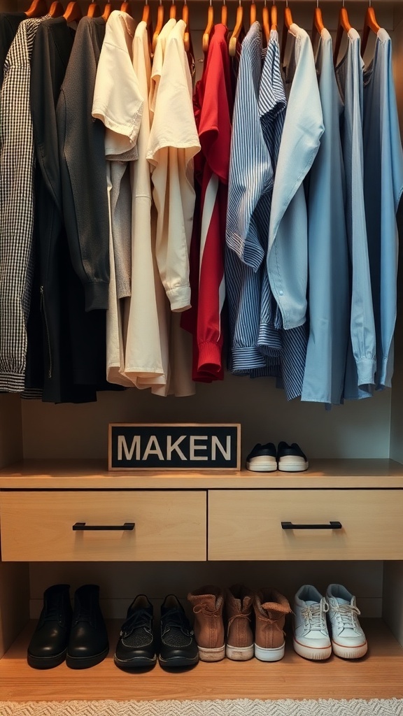 A closet with hanging clothes and hidden shoe drawers beneath, showcasing organized footwear.