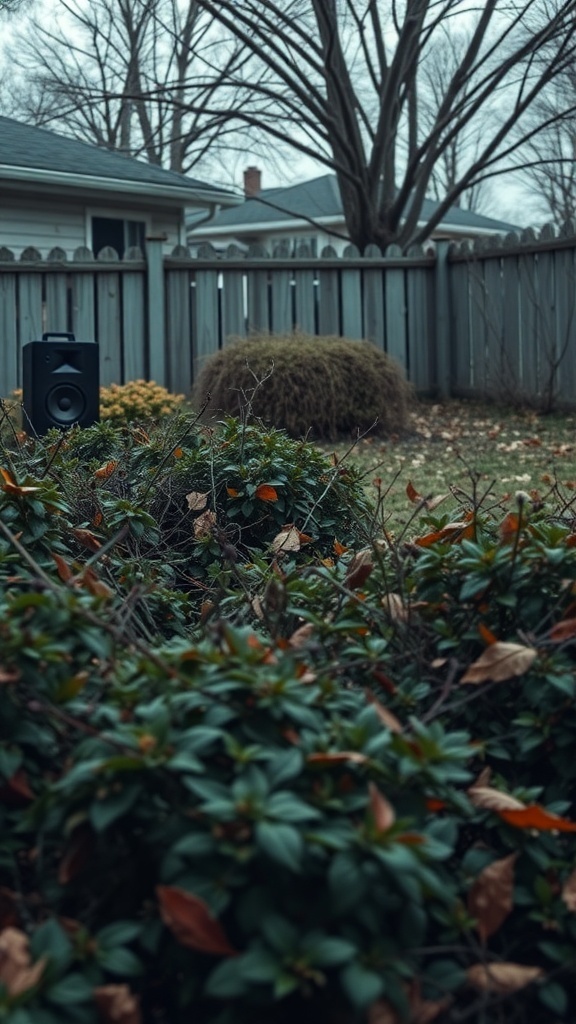 Hidden speakers in a Halloween yard setting.