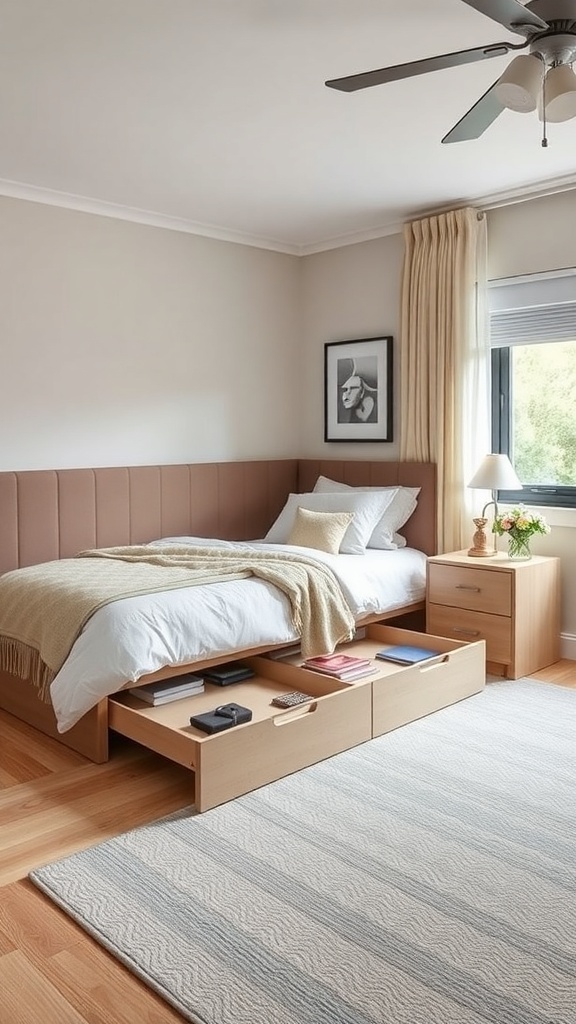 A modern bedroom featuring a bed with built-in storage drawers, light wood furniture, and a cozy atmosphere.