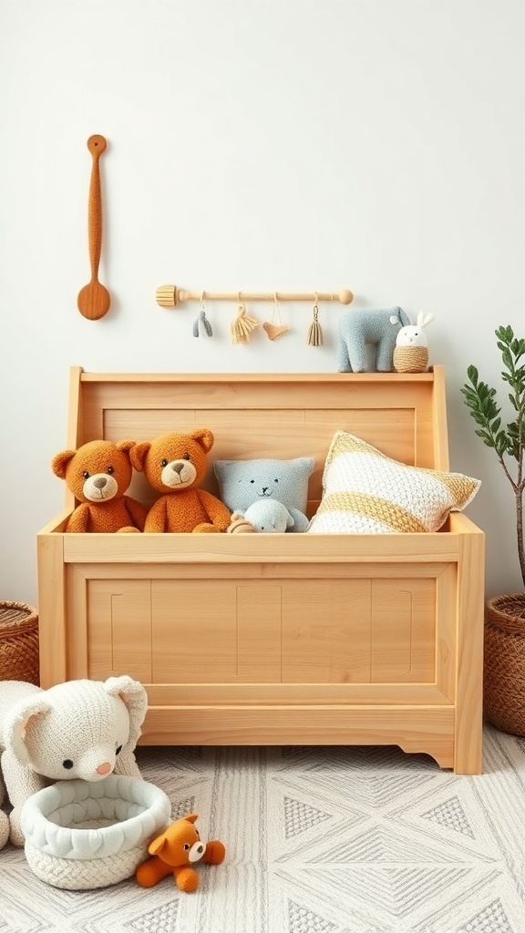 Wooden toy chest filled with plush toys in a cozy nursery setting