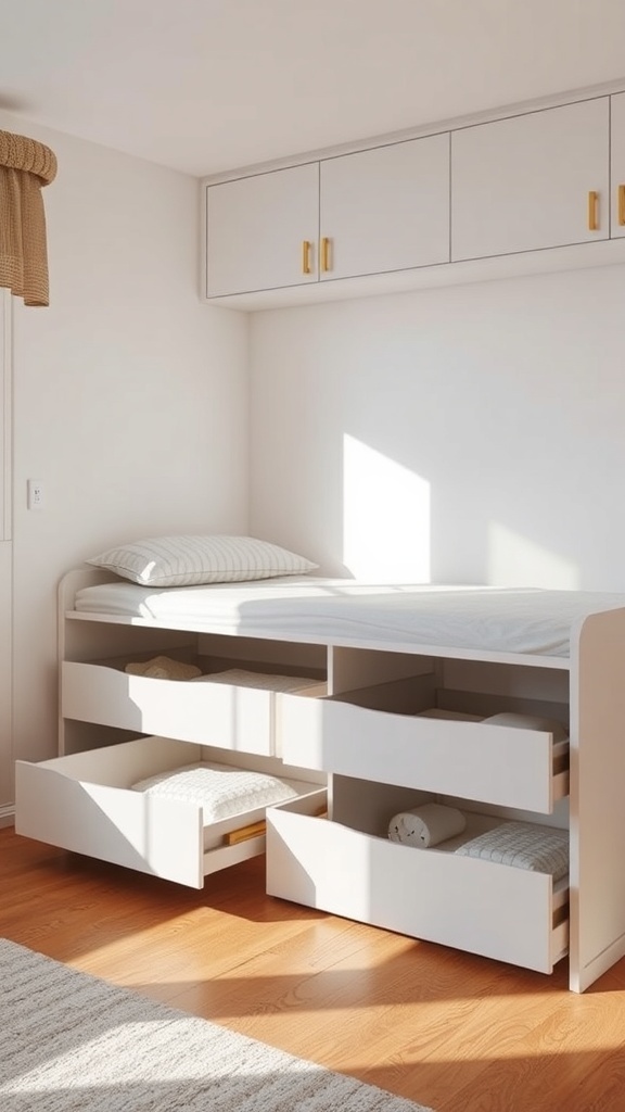 A modern bedroom featuring a bed with built-in drawers and overhead cabinetry for hidden storage.