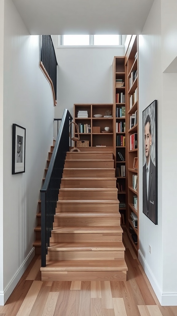 A modern staircase with built-in shelving, featuring warm wood tones and a black railing.