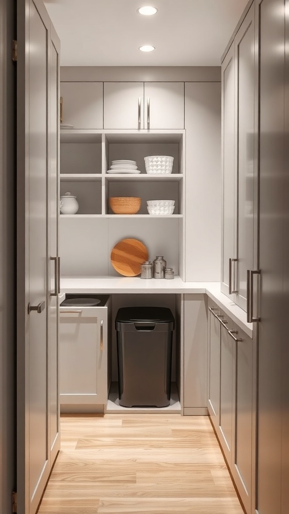 A modern pantry with a hidden trash bin and organized shelves