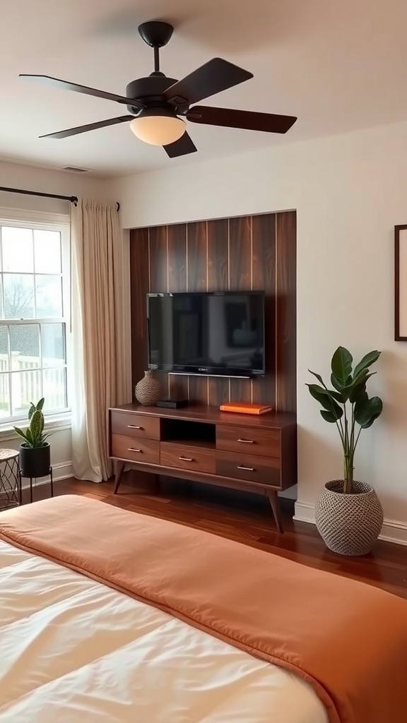 A modern bedroom featuring a hidden TV mounted on a wooden panel, complemented by a stylish dresser and warm decor.