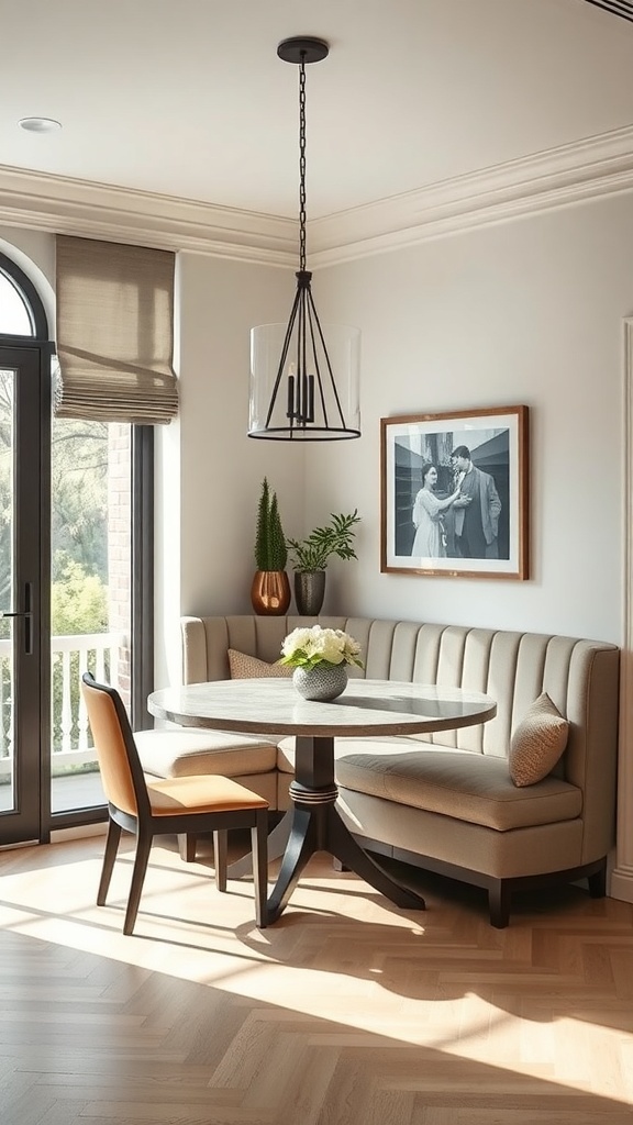 A cozy dining nook featuring a high-back bench, round table, and stylish decor.