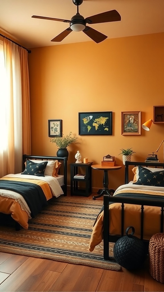 A boys room with ochre walls and black accents, featuring two beds, a fan, and decorative elements.