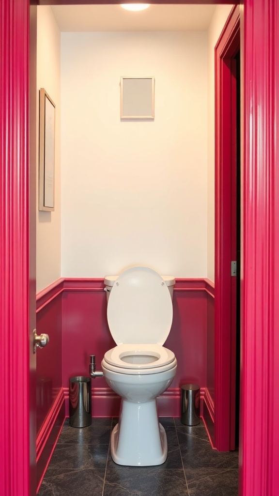 A small powder room featuring bold pink trim and a white toilet.