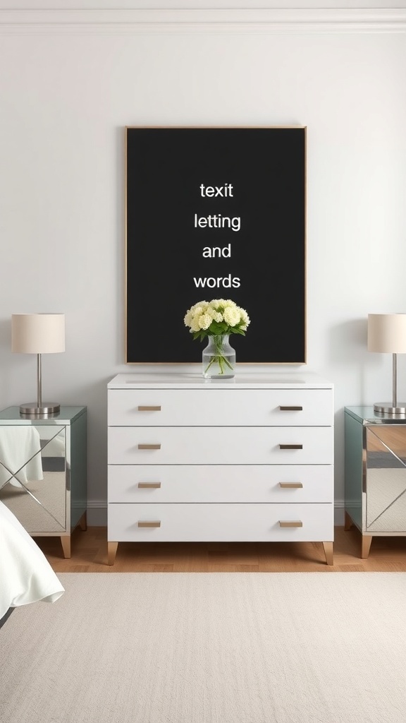 A high-gloss white chest of drawers with gold handles in a modern bedroom setting, flanked by mirrored bedside tables and a large wall art piece.