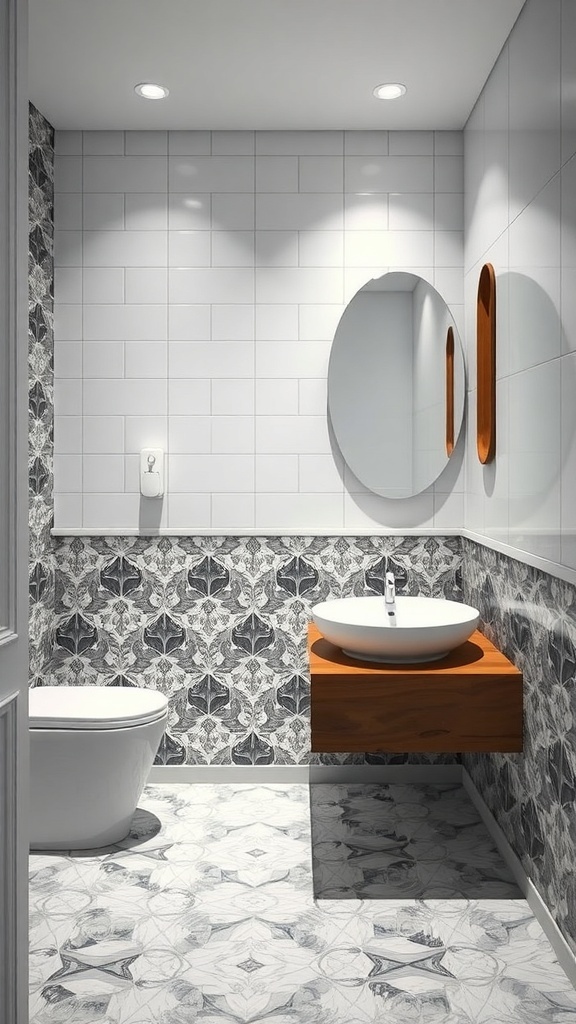 A modern powder room featuring patterned tiles, a floating wooden vanity, and a round mirror.