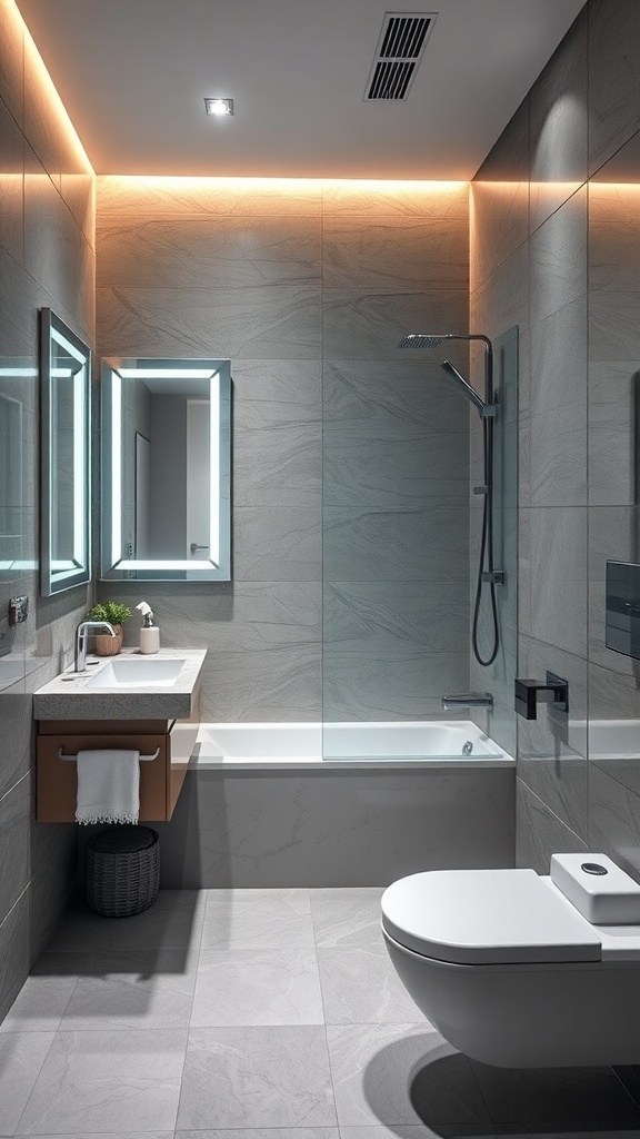 A modern luxury bathroom featuring high-tech elements like smart lighting, LED mirrors, and a sleek shower.